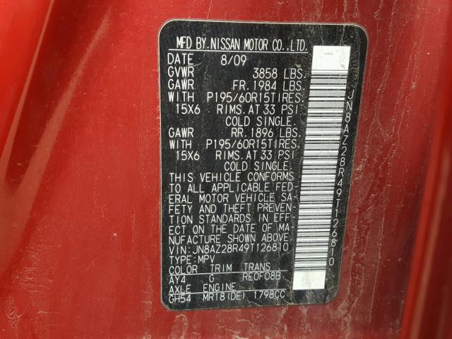 JN8AZ28R49T126810 - 2009 NISSAN CUBE BASE RED photo 10