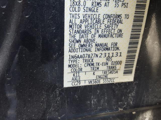 1N6AA07B27N231131 - 2007 NISSAN TITAN XE GRAY photo 10