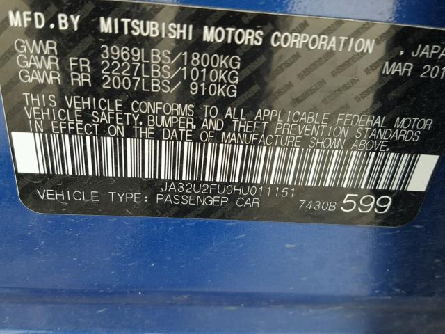 JA32U2FU0HU011151 - 2017 MITSUBISHI LANCER ES BLUE photo 10