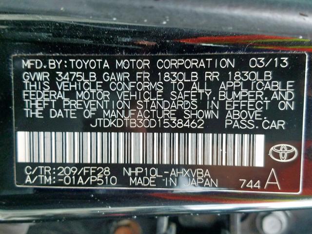 JTDKDTB30D1538462 - 2013 TOYOTA PRIUS C BLACK photo 10