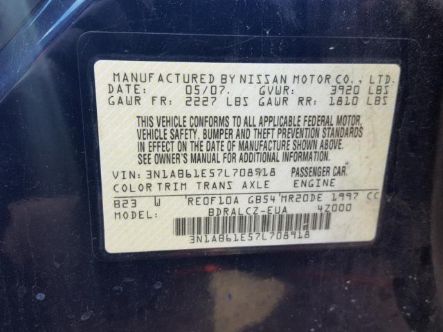 3N1AB61E57L708918 - 2007 NISSAN SENTRA 2.0 BLUE photo 10