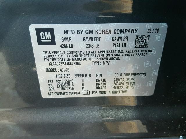 KL4CJASB7JB673964 - 2018 BUICK ENCORE PRE GRAY photo 10