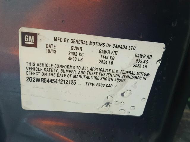 2G2WR544541212126 - 2004 PONTIAC GRAND PRIX GRAY photo 10