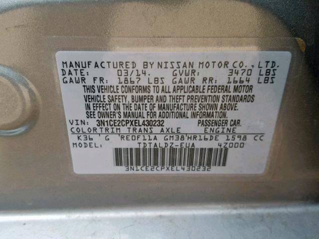 3N1CE2CPXEL430232 - 2014 NISSAN VERSA NOTE GRAY photo 10