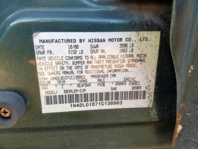 1N4DL01D71C139963 - 2001 NISSAN ALTIMA XE GREEN photo 10