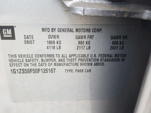 1G1ZS58F58F126167 - 2008 CHEVROLET MALIBU LS SILVER photo 10