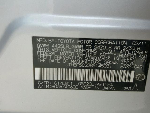 JTHBF5C22B5145031 - 2011 LEXUS IS 250 SILVER photo 10