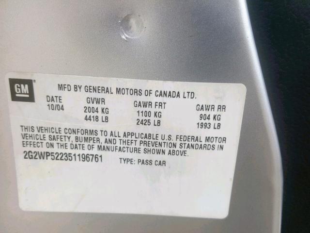 2G2WP522351196761 - 2005 PONTIAC GRAND PRIX SILVER photo 10