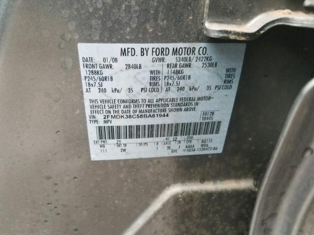 2FMDK38C58BA61944 - 2008 FORD EDGE SEL GRAY photo 10