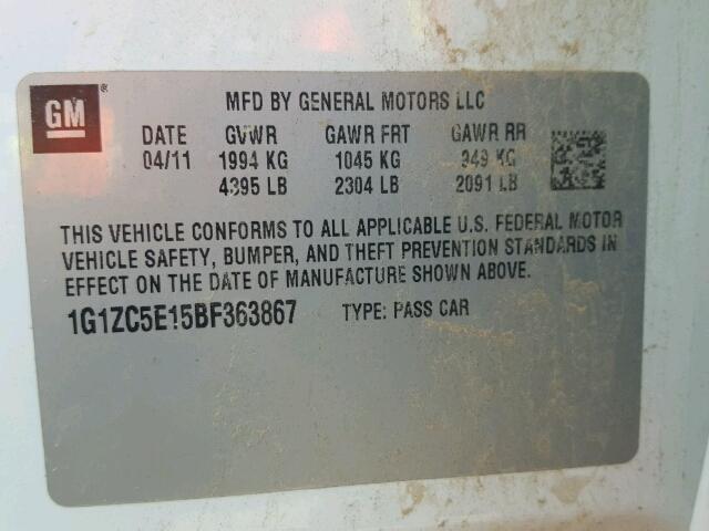 1G1ZC5E15BF363867 - 2011 CHEVROLET MALIBU 1LT WHITE photo 10