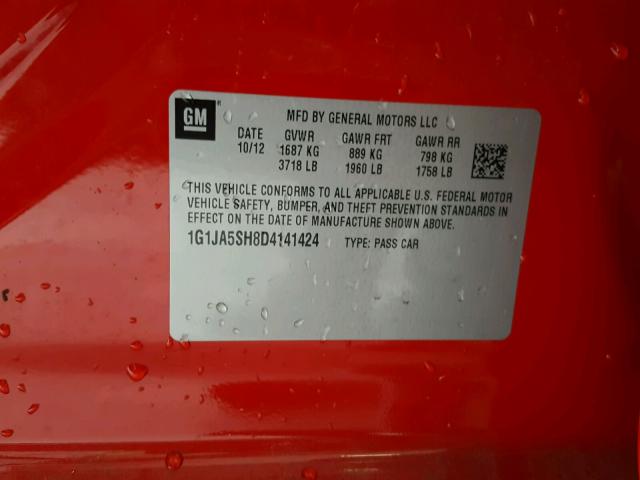 1G1JA5SH8D4141424 - 2013 CHEVROLET SONIC LS 红色 照片 10