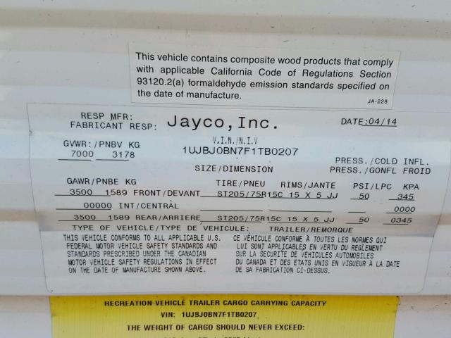 1UJBJ0BN7F1TB0207 - 2015 JAYCO JAY FLIGHT  WHITE photo 10