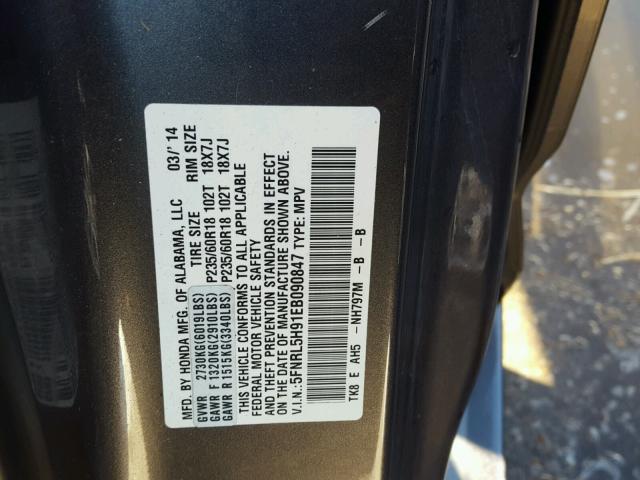 5FNRL5H91EB090847 - 2014 HONDA ODYSSEY TO GRAY photo 10