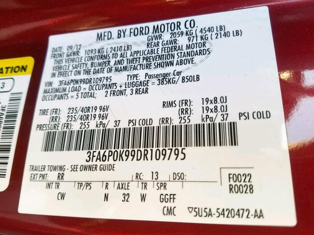 3FA6P0K99DR109795 - 2013 FORD FUSION TIT RED photo 10