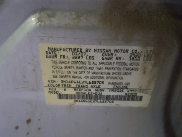 3N1AB61E37L652705 - 2007 NISSAN SENTRA 2.0 SILVER photo 10