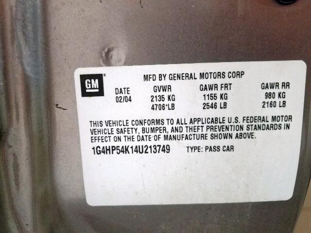 1G4HP54K14U213749 - 2004 BUICK LESABRE CU TAN photo 10