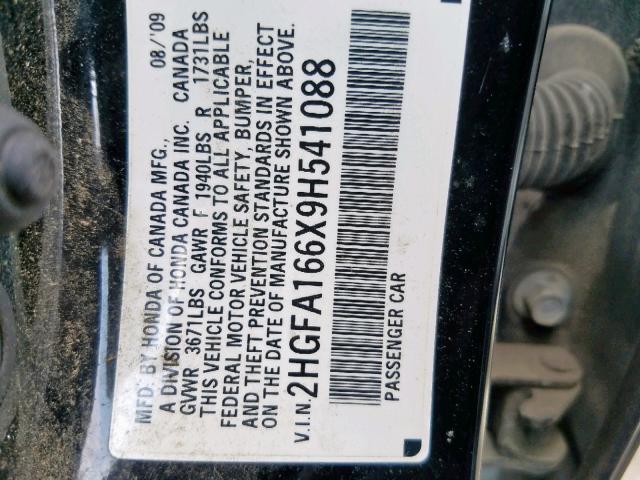 2HGFA166X9H541088 - 2009 HONDA CIVIC LX-S أسود صورة 10