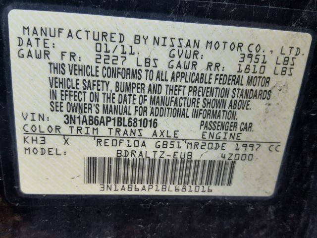 3N1AB6AP1BL681016 - 2011 NISSAN SENTRA 2.0 BLACK photo 10