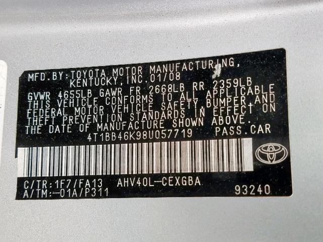 4T1BB46K98U057719 - 2008 TOYOTA CAMRY HYBR SILVER photo 10