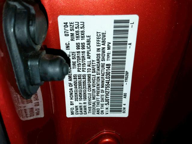 5J6YH27554L030148 - 2004 HONDA ELEMENT EX ORANGE photo 10