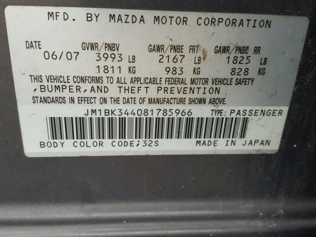 JM1BK344081785966 - 2008 MAZDA 3 HATCHBAC GRAY photo 10