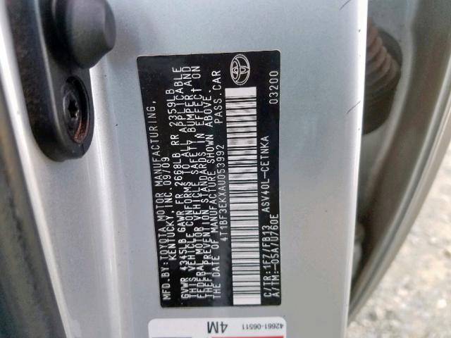 4T1BF3EKXAU053992 - 2010 TOYOTA CAMRY BASE SILVER photo 10