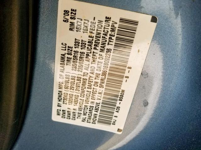 5FNRL38618B092256 - 2008 HONDA ODYSSEY EX BLUE photo 10