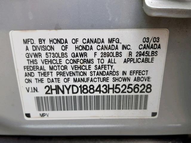 2HNYD18843H525628 - 2003 ACURA MDX TOURIN SILVER photo 10