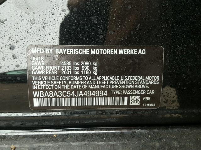 WBA8A3C54JA494994 - 2018 BMW 320 XI BLACK photo 10