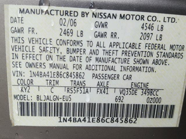 1N4BA41E86C845862 - 2006 NISSAN MAXIMA SE BEIGE photo 10