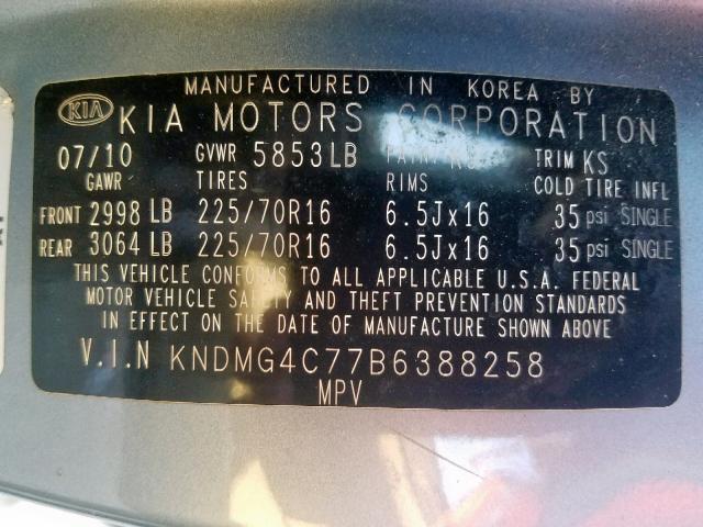 KNDMG4C77B6388258 - 2011 KIA SEDONA LX BLUE photo 10