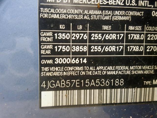 4JGAB57E15A536188 - 2005 MERCEDES-BENZ ML 350 BLUE photo 10