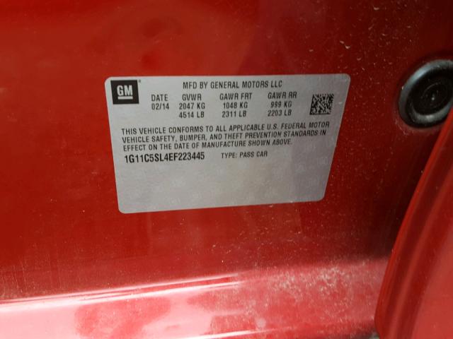 1G11C5SL4EF223445 - 2014 CHEVROLET MALIBU 1LT RED photo 10