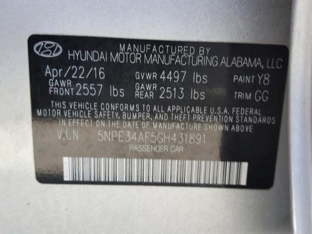 5NPE34AF5GH431891 - 2016 HYUNDAI SONATA SPO SILVER photo 10