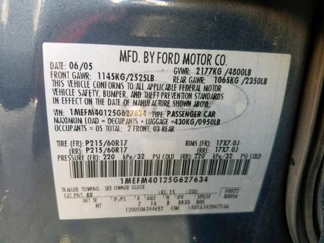 1MEFM40125G627634 - 2005 MERCURY MONTEGO LU BLUE photo 10