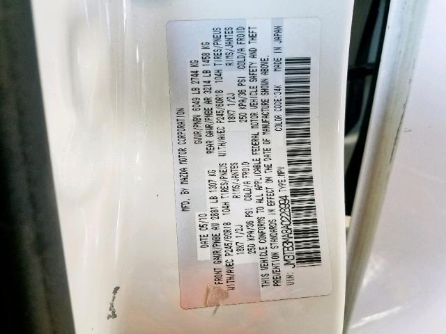 JM3TB3MA8A0228994 - 2010 MAZDA CX-9 WHITE photo 10