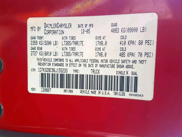 1D7KS28C96J155233 - 2006 DODGE RAM 2500 S წითელი ფოტო 10