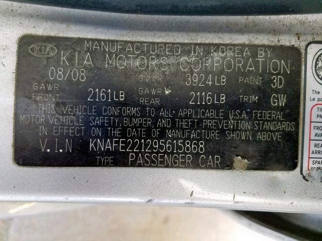 KNAFE221295615868 - 2009 KIA SPECTRA EX SILVER photo 10