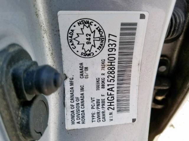 2HGFA15288H019377 - 2008 HONDA CIVIC DX SILVER photo 10