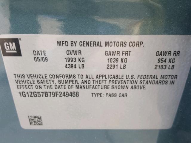 1G1ZG57B79F249468 - 2009 CHEVROLET MALIBU LS 绿色 照片 10