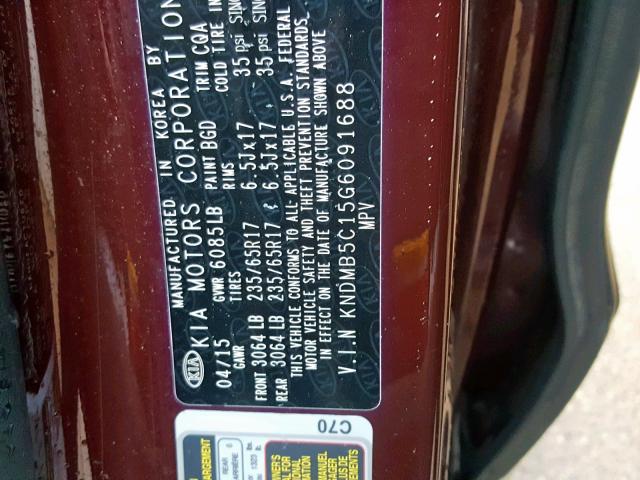 KNDMB5C15G6091688 - 2016 KIA SEDONA LX BURGUNDY photo 10