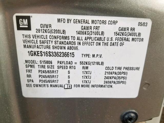 1GKES16S336236615 - 2003 GMC ENVOY XL SILVER photo 10