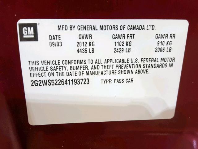 2G2WS522641193723 - 2004 PONTIAC GRAND PRIX Բորդո լուսանկար 10