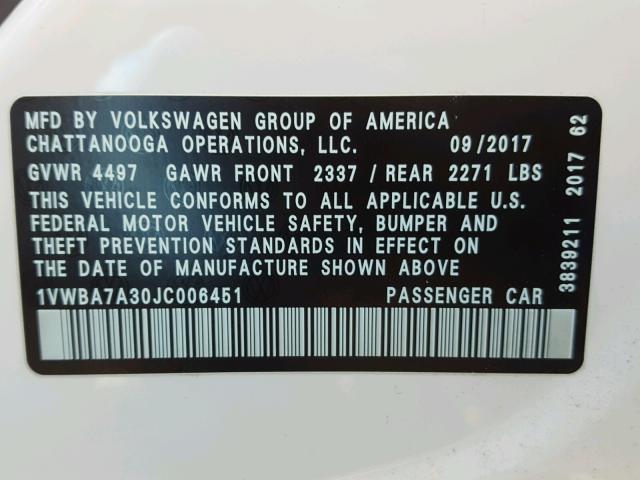 1VWBA7A30JC006451 - 2018 VOLKSWAGEN PASSAT SE WHITE photo 10