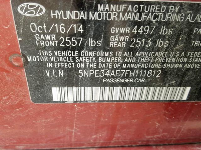 5NPE34AF7FH111812 - 2015 HYUNDAI SONATA SPO MAROON photo 10