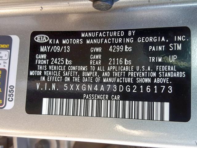 5XXGN4A73DG216173 - 2013 KIA OPTIMA EX SILVER photo 10