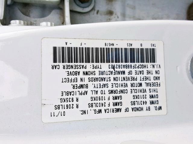 1HGCP2F88BA082933 - 2011 HONDA ACCORD EXL WHITE photo 10