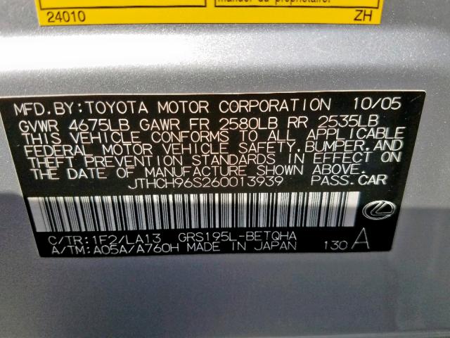 JTHCH96S260013939 - 2006 LEXUS GS 300 SILVER photo 10