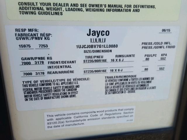 1UJCJ0BV7G1LL0080 - 2016 JAYCO EAGLE  BEIGE photo 10