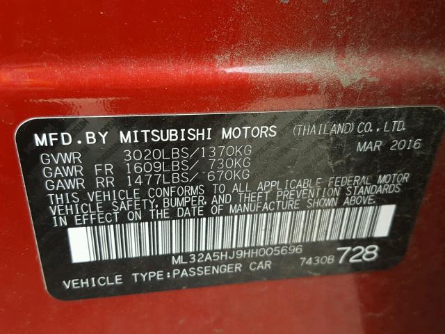 ML32A5HJ9HH005696 - 2017 MITSUBISHI MIRAGE GT RED photo 10